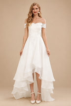 Rutipo Ivory Simple High Low Wedding Dresses A Line Off The Shoulder Sleeveless Lace Bridal Dresses With Train