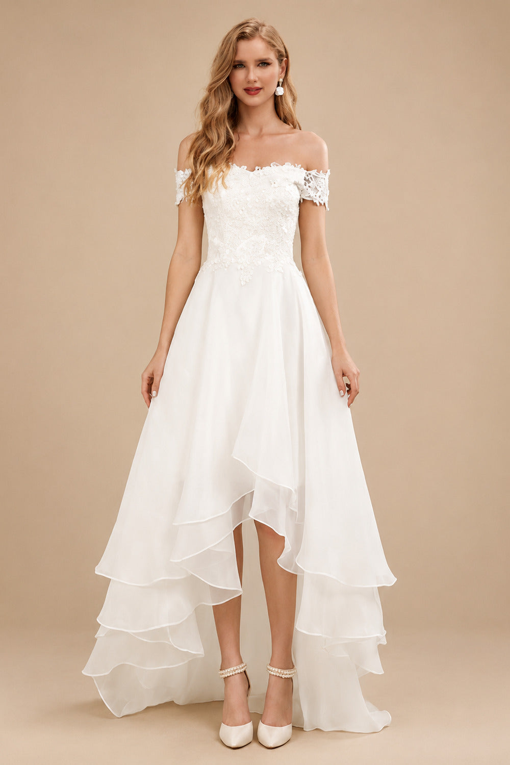 Rutipo Ivory Simple High Low Wedding Dresses A Line Off The Shoulder Sleeveless Lace Bridal Dresses With Train