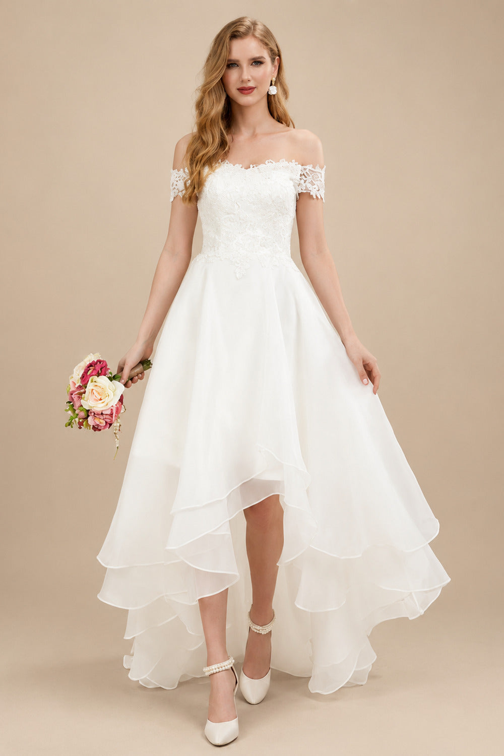 Rutipo Ivory Simple High Low Wedding Dresses A Line Off The Shoulder Sleeveless Lace Bridal Dresses With Train