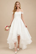 Rutipo Ivory Simple High Low Wedding Dresses A Line Off The Shoulder Sleeveless Lace Bridal Dresses With Train