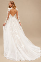 Rutipo Ivory Modern Lace Ball Gown Wedding Dress With Long Sleeves