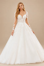 Rutipo Ivory Modern Lace Ball Gown Wedding Dress With Long Sleeves