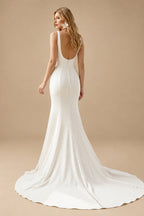 Rutipo Ivory Simple Square Neckline Wedding Dress With Elastic Satin