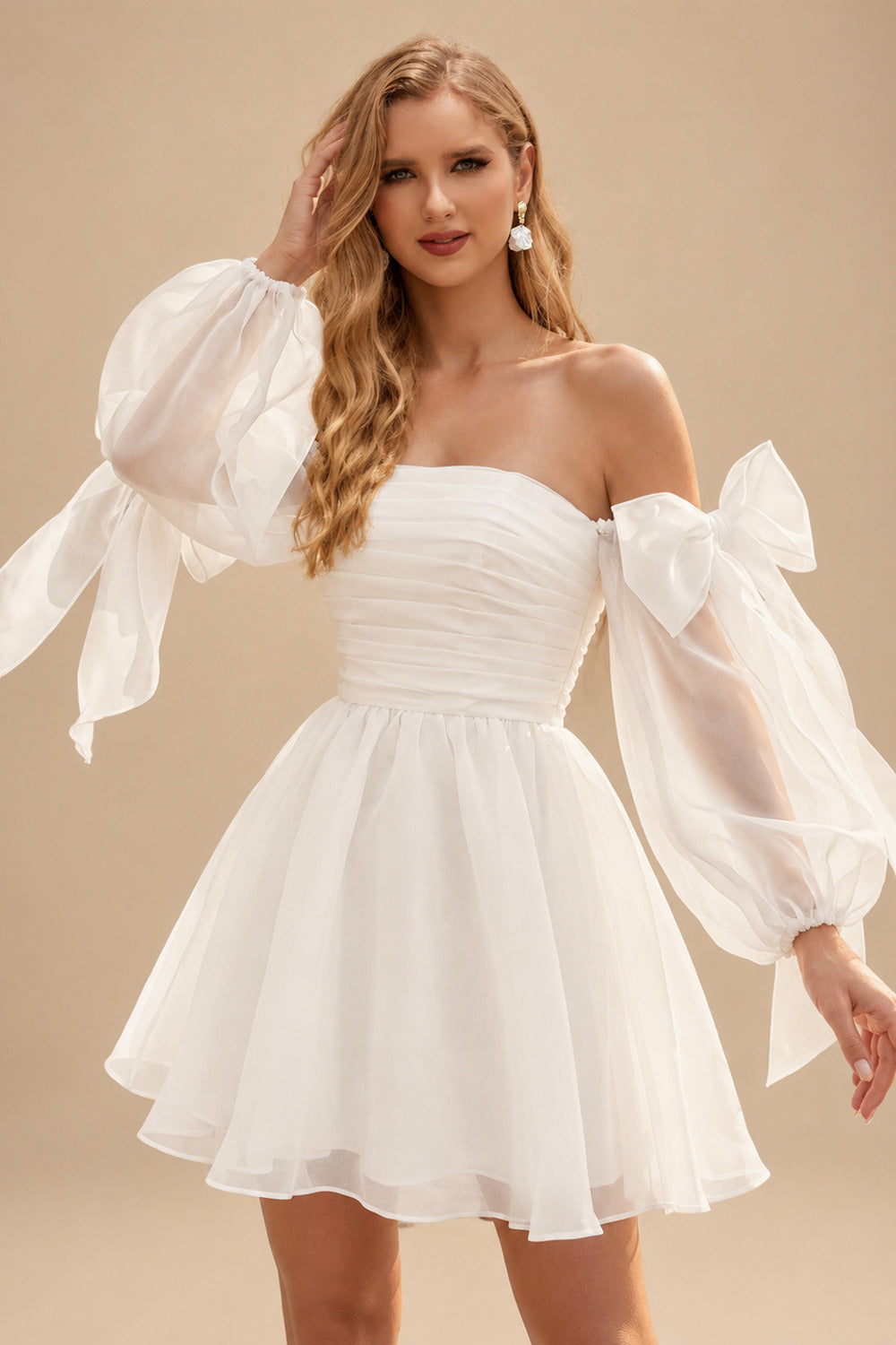 Rutipo Ivory Princess Puff Long Sleeves Short Wedding Dresses With Bows