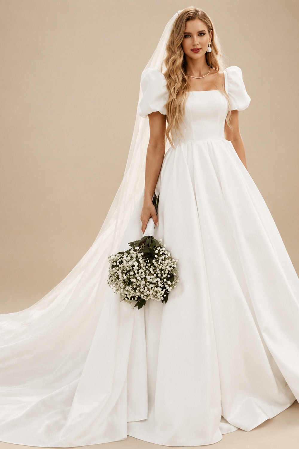 Rutipo Ivory Elegant Ball-Gown Square Neckline Wedding Dresses With Satin