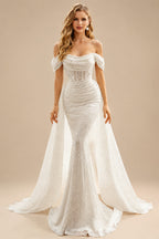 Rutipo Ivory Mermaid Off-The-Shoulder Sleeveless Sweep Train Sequined Wedding Dresses