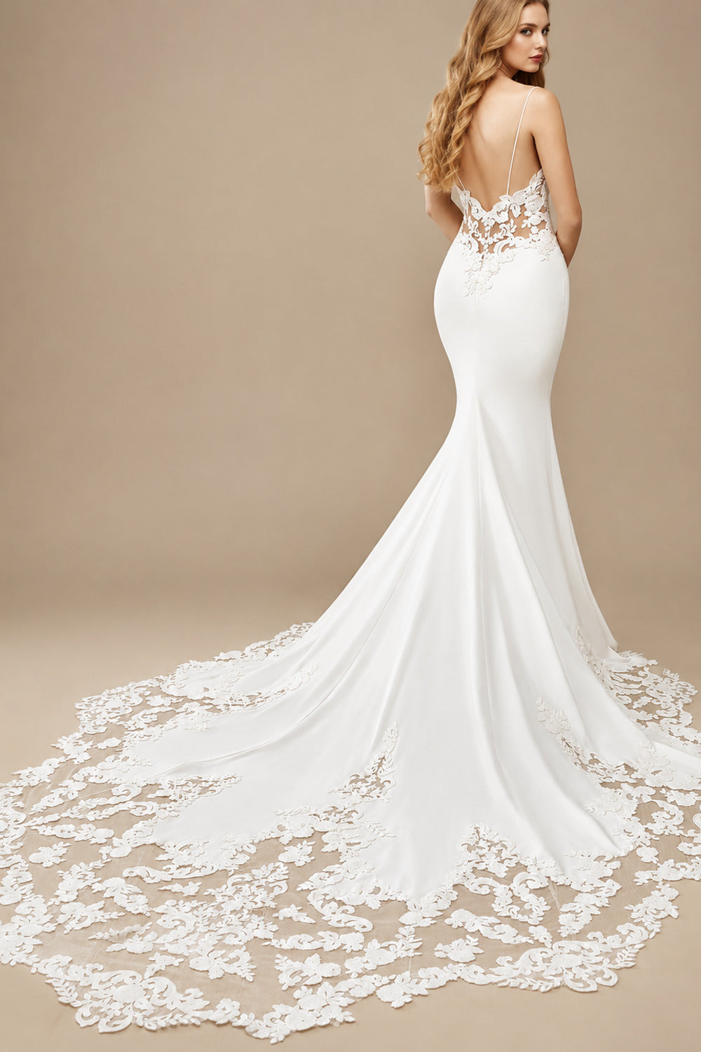 Rutipo Ivory Flattering Mermaid Classic Spaghetti Straps Lace Elastic Satin Wedding Dresses