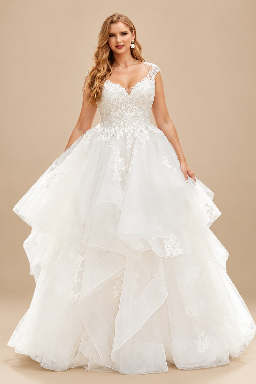 Rutipo Ivory Classic Elegant Lace Wedding Dresses With Cascading Ruffles
