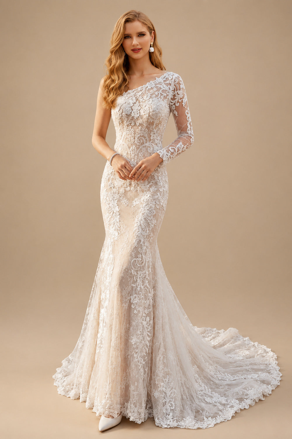 Rutipo As Picture Luxury Lace One-Shoulder Long Sleeves Mermaid Wedding Dresses