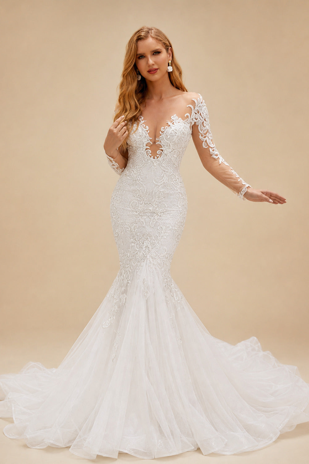 Rutipo As Picture Luxury Lace Long Sleeves Mermaid Wedding Dresses
