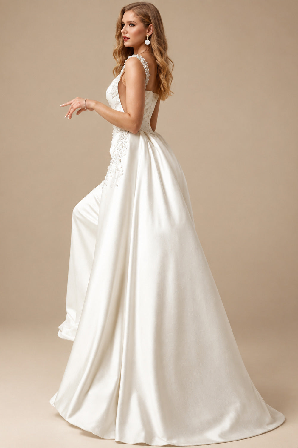 Rutipo Ivory Dreamy Bead Accented One-Shoulder Luxury Satin Wedding Dresses With Overskirt