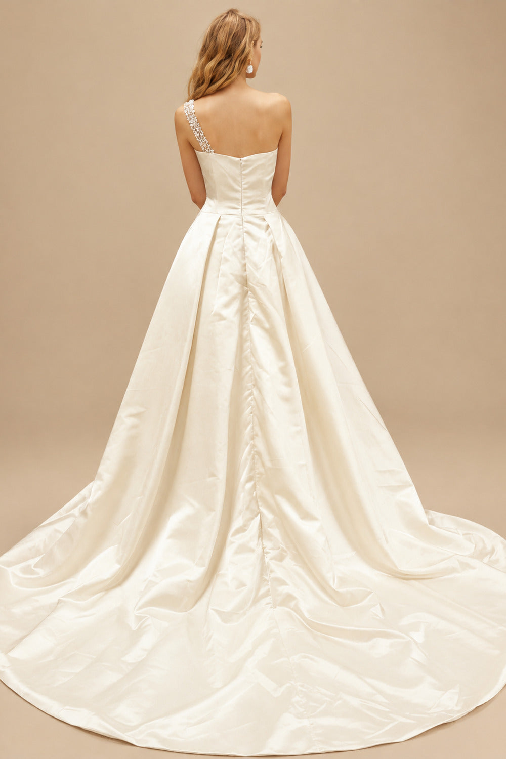 Rutipo Ivory Dreamy Bead Accented One-Shoulder Luxury Satin Wedding Dresses With Overskirt