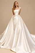 Rutipo Ivory Dreamy Bead Accented One-Shoulder Luxury Satin Wedding Dresses With Overskirt