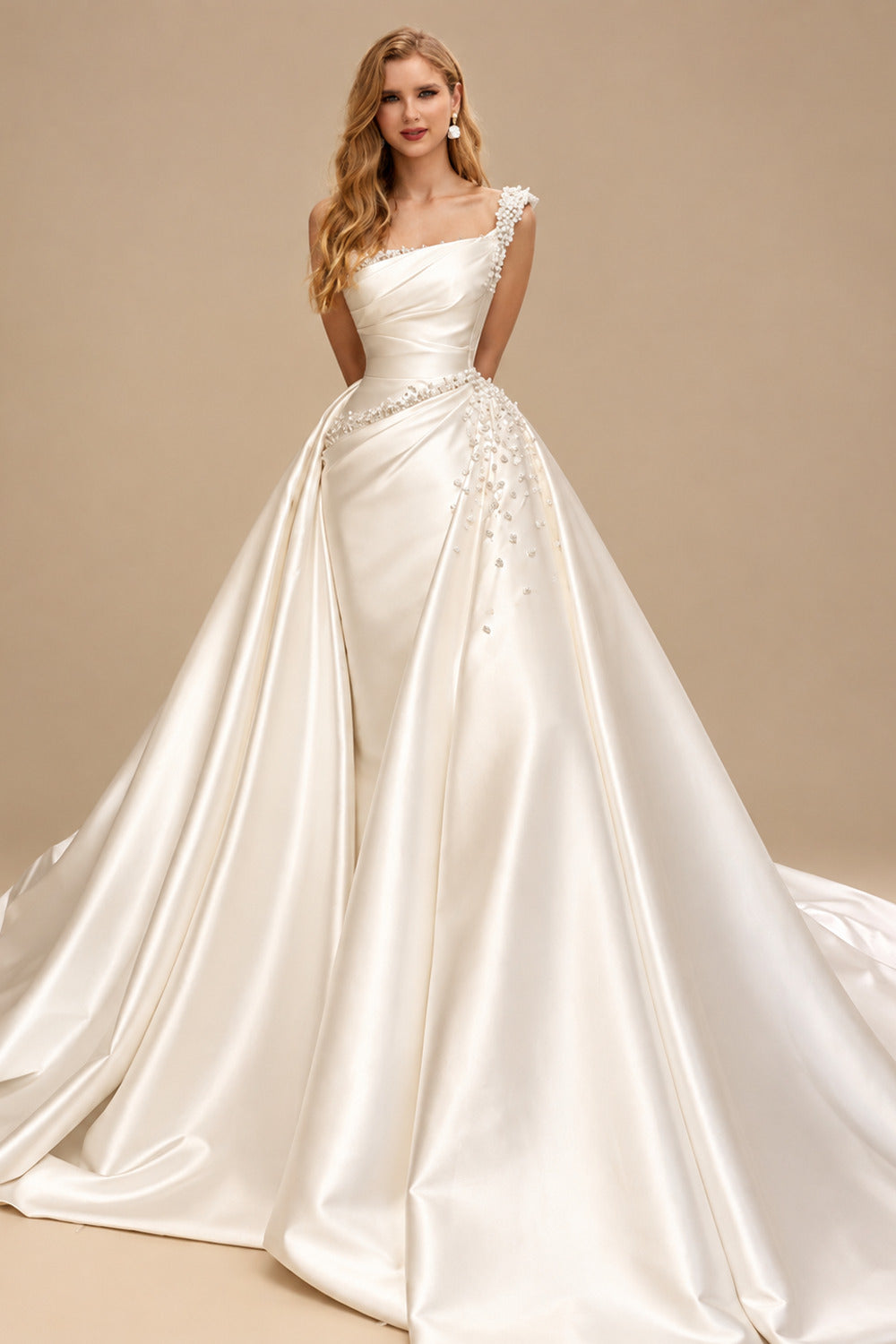 Rutipo Ivory Dreamy Bead Accented One-Shoulder Luxury Satin Wedding Dresses With Overskirt