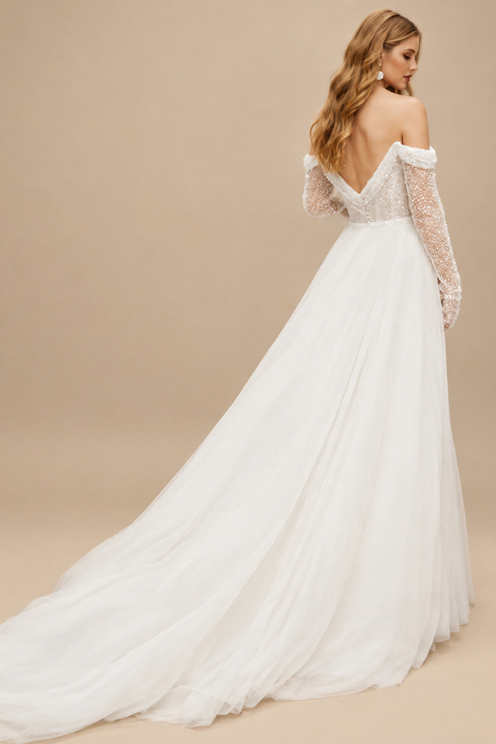 Rutipo Ivory Sparkle Off-Shoulder Collar Draping Open Back Wedding Dresses With Detachable Skirt
