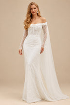Rutipo Ivory Sparkle Off-Shoulder Collar Draping Open Back Wedding Dresses With Detachable Skirt