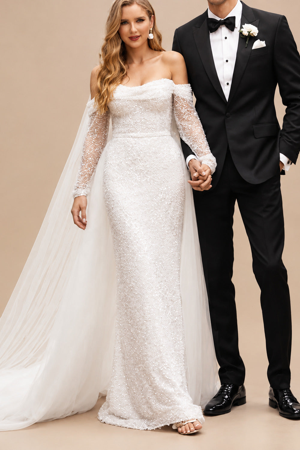 Rutipo Ivory Sparkle Off-Shoulder Collar Draping Open Back Wedding Dresses With Detachable Skirt