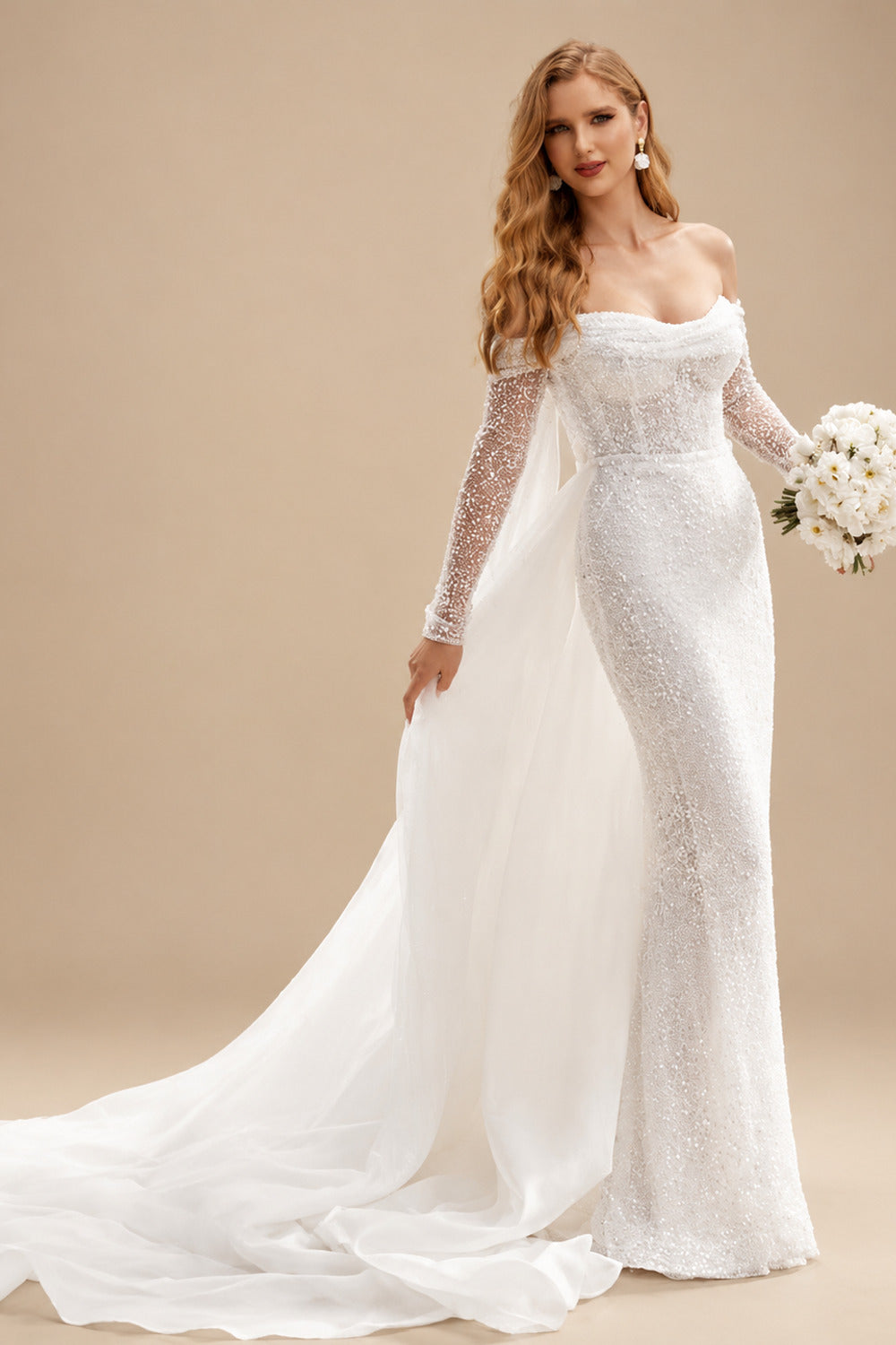 Rutipo Ivory Sparkle Off-Shoulder Collar Draping Open Back Wedding Dresses With Detachable Skirt