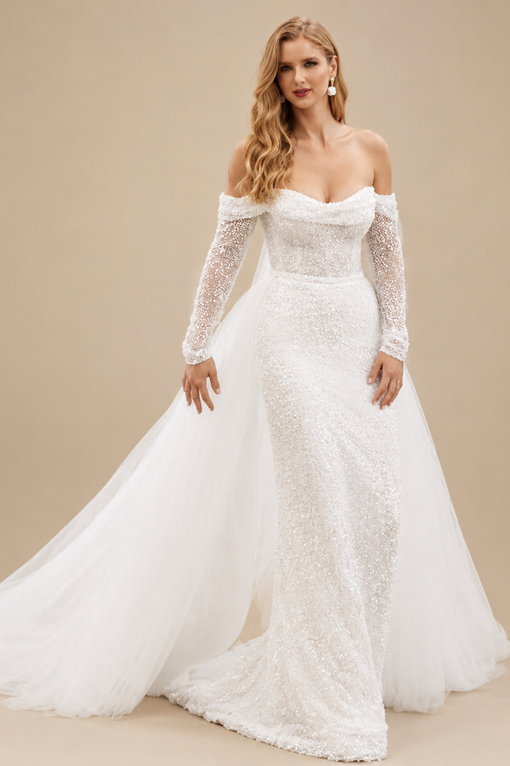 Rutipo Ivory Sparkle Off-Shoulder Collar Draping Open Back Wedding Dresses With Detachable Skirt