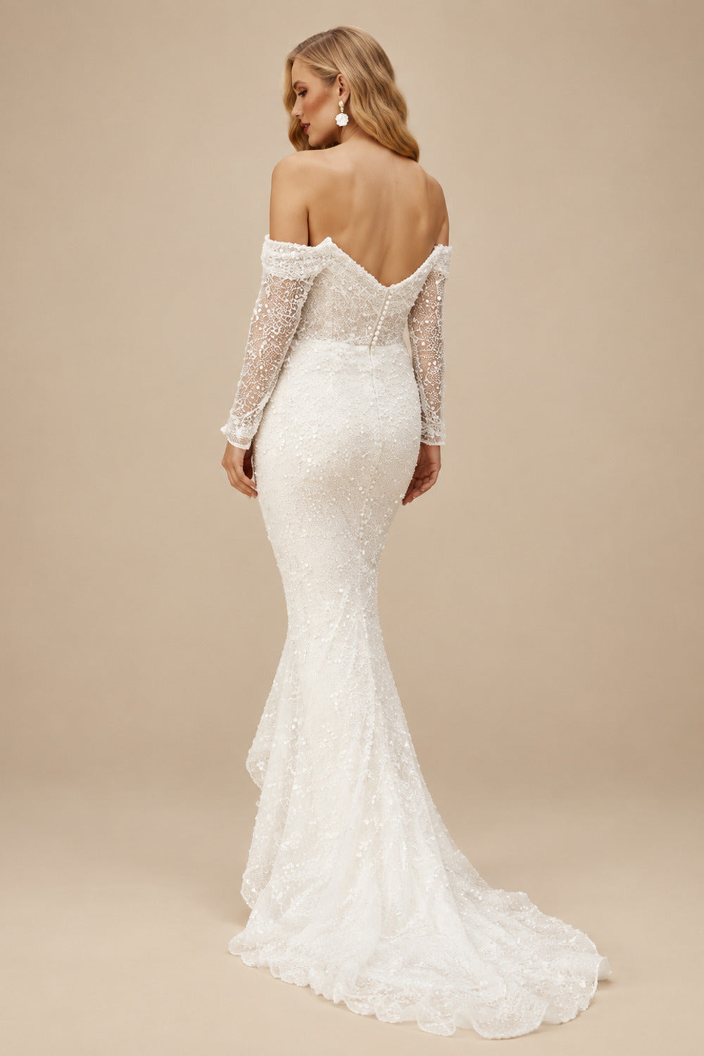 Rutipo Ivory Sparkle Off-Shoulder Collar Draping Open Back Wedding Dresses With Detachable Skirt