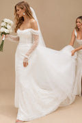 Rutipo Ivory Sparkle Off-Shoulder Collar Draping Open Back Wedding Dresses With Detachable Skirt