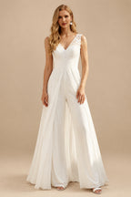Rutipo Ivory Jumpsuit/Pantsuit V-Neck Chiffon Wedding Dresses With Appliques Lace