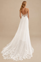 Rutipo Ivory A-Line V-Neck Sleeveless Chiffon Wedding Dresses With Appliques Lace