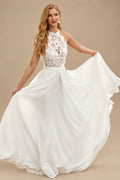 Rutipo Ivory Boho A-Line High Neck Floor-Length Chiffon Wedding Dresses With Appliques Lace