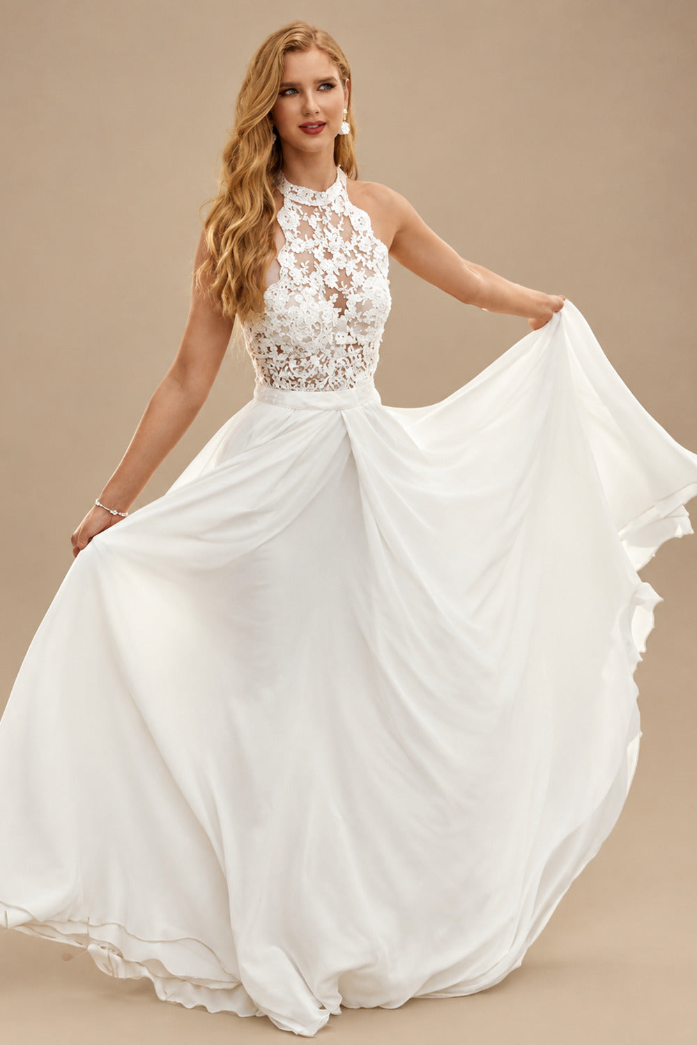 Rutipo Ivory Boho A-Line High Neck Floor-Length Chiffon Wedding Dresses With Appliques Lace
