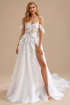 Rutipo As Picture A-Line Off-The-Shoulder Vintage Lace/Tulle Wedding Dresses With Split Front