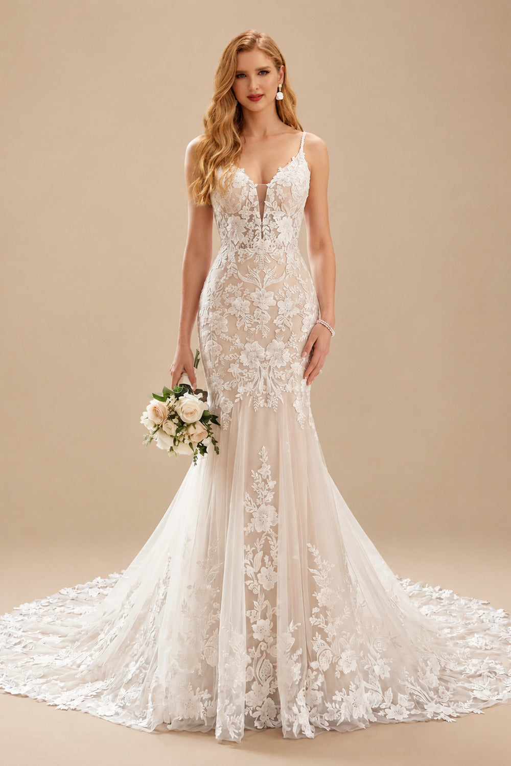 Rutipo As Picture Trumpet/Mermaid V-Neck Backless Vintage Cathedral Train Lace/Tulle Wedding Dresse