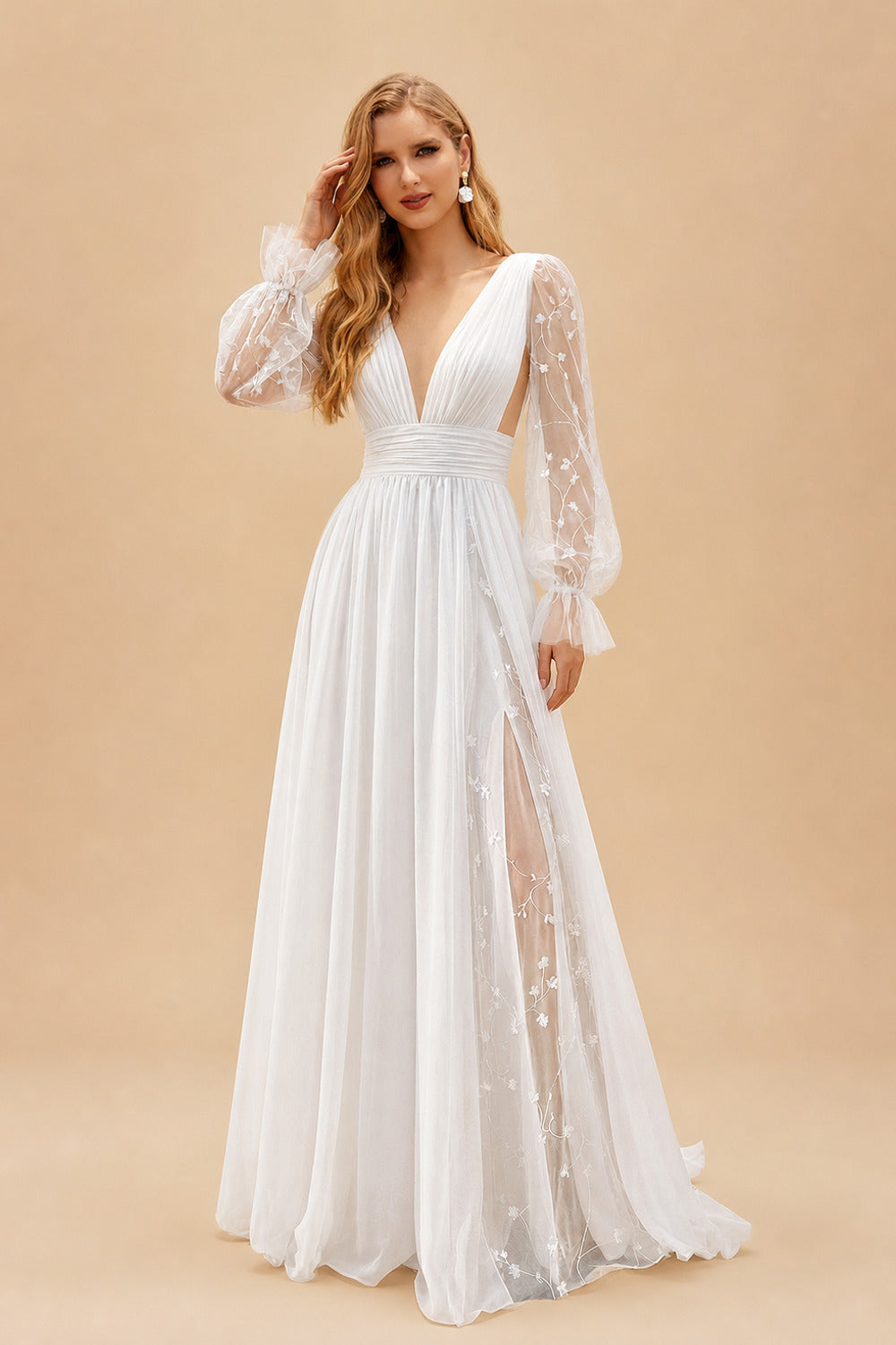 Rutipo White A-Line V-Neck Sheer Lace Sleeves Lace/Tulle Wedding Dresses With Split Front