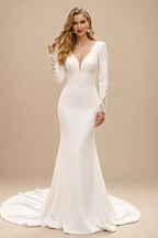 Rutipo Ivory Trumpet/Mermaid V-Neck Long Sleeves Elegant Lace/Elastic Satin Wedding Dresses