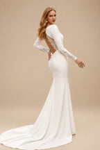 Rutipo Ivory Trumpet/Mermaid V-Neck Long Sleeves Elegant Lace/Elastic Satin Wedding Dresses