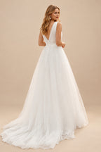 Rutipo Ivory A-Line Deep V-Neck Sleeveless Sweep Train Tulle Beach Wedding Dresses