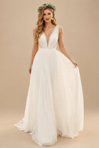 Rutipo Ivory A-Line Deep V-Neck Sleeveless Sweep Train Tulle Beach Wedding Dresses