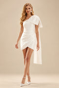 Rutipo Ivory One-Shoulder Sleeveless Short/Mini Satin Wedding Dresses With Bow(s)/Beading