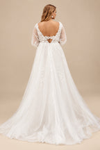Rutipo Ivory Boho Plus Size A-Line Long Sleeves Lace Wedding Dresses With V-Neck Sweep Train