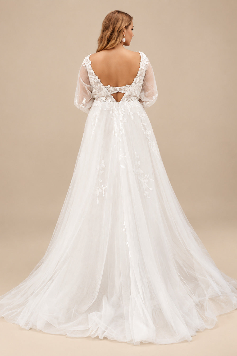 Rutipo Ivory Boho Plus Size A-Line Long Sleeves Lace Wedding Dresses With V-Neck Sweep Train