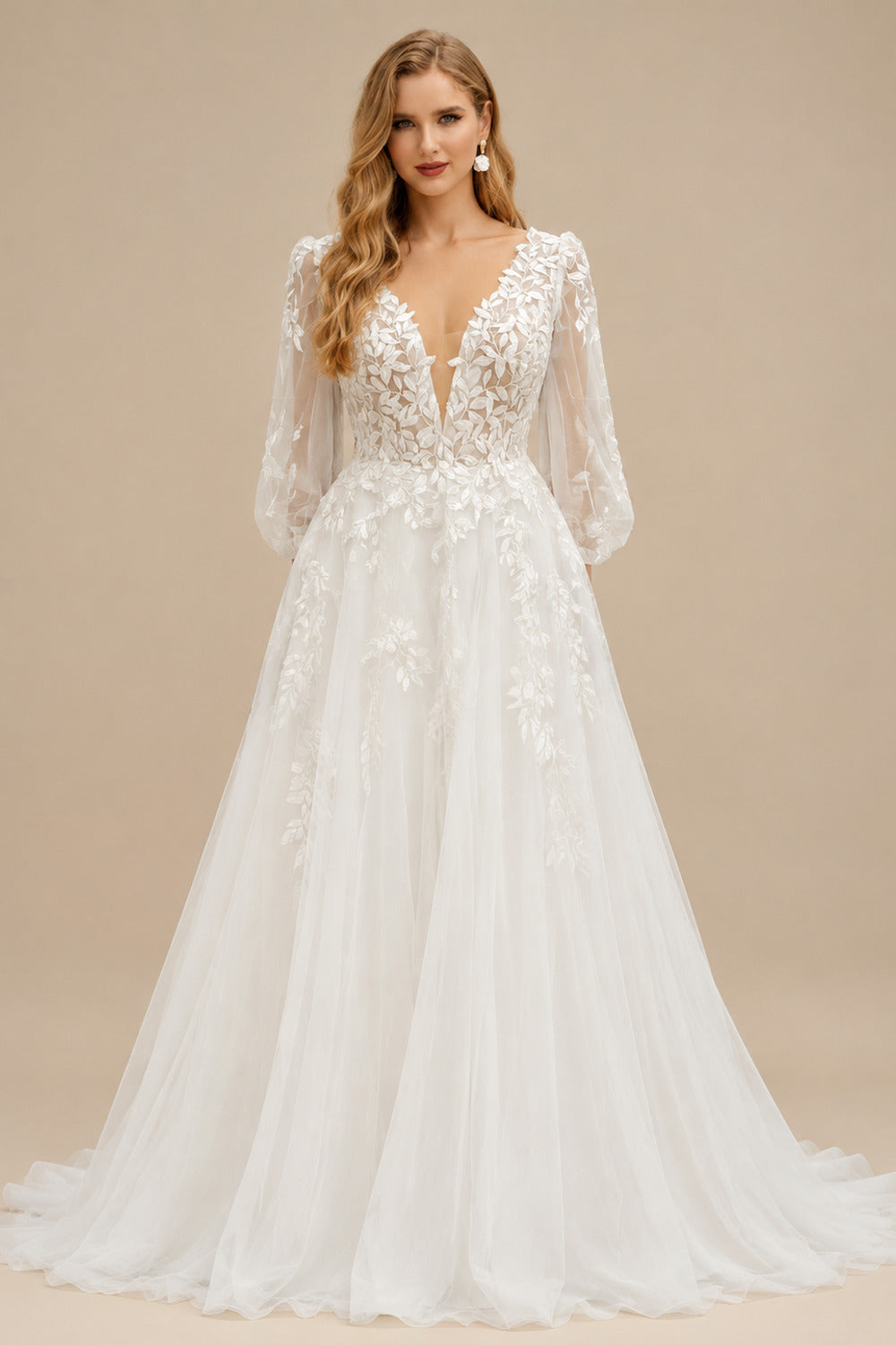 Rutipo Ivory Boho Plus Size A-Line Long Sleeves Lace Wedding Dresses With V-Neck Sweep Train