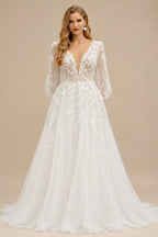 Rutipo Ivory Boho Plus Size A-Line Long Sleeves Lace Wedding Dresses With V-Neck Sweep Train