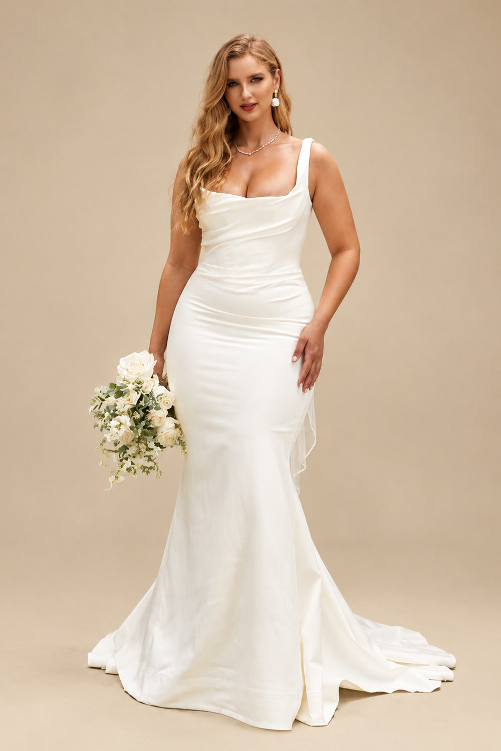 Rutipo Ivory Trumpet/Mermaid Cowl Neck Sleeveless Court Train Elastic Satin Wedding Dresses