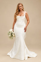Rutipo Ivory Trumpet/Mermaid Cowl Neck Sleeveless Court Train Elastic Satin Wedding Dresses
