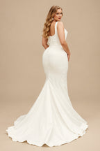 Rutipo Ivory Trumpet/Mermaid Cowl Neck Sleeveless Court Train Elastic Satin Wedding Dresses