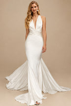 Rutipo Ivory Mermaid V-Neck Sleeveless Sweep Train Silk Like Satin Wedding Dresses