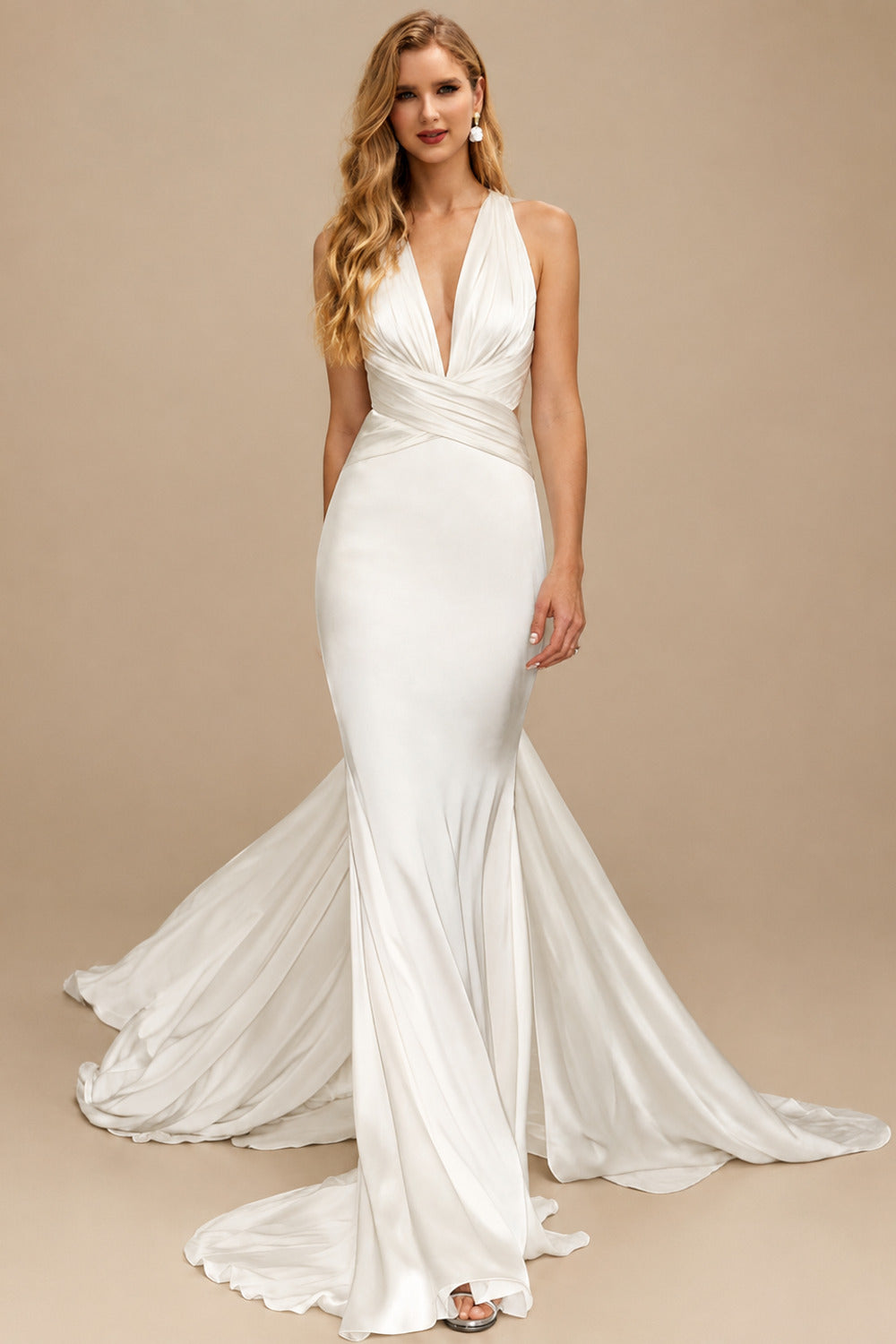 Rutipo Ivory Mermaid V-Neck Sleeveless Sweep Train Silk Like Satin Wedding Dresses