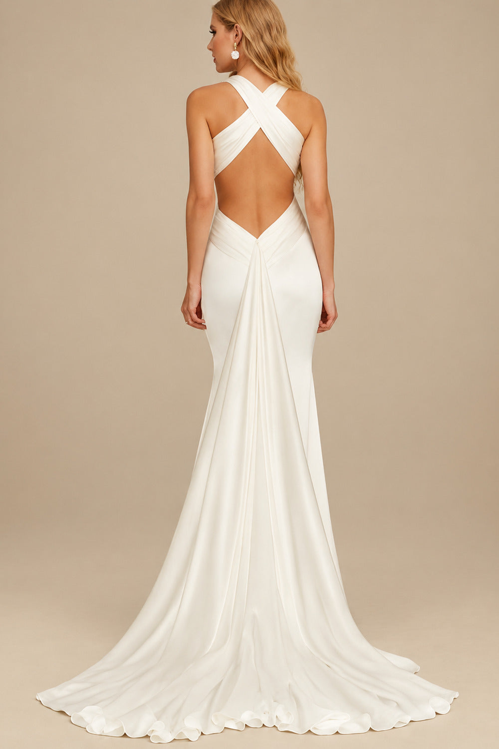 Rutipo Ivory Mermaid V-Neck Sleeveless Sweep Train Silk Like Satin Wedding Dresses