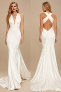 Rutipo Ivory Mermaid V-Neck Sleeveless Sweep Train Silk Like Satin Wedding Dresses