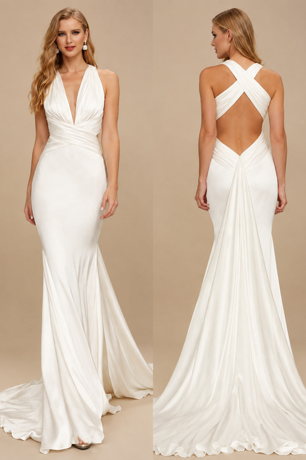 Rutipo Ivory Mermaid V-Neck Sleeveless Sweep Train Silk Like Satin Wedding Dresses