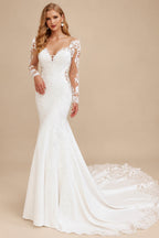 Rutipo Ivory Trumpet/Mermaid Illusion Neck Long Sleeves Lace/Elastic Satin Wedding Dresses